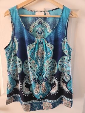 Chico's Teal & Navy Paisley V-Neck Sleeveless Top